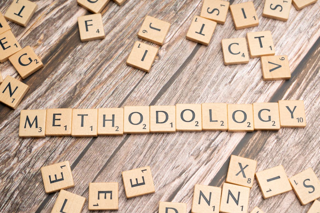 The word methodology spelled out with scrabble tiles