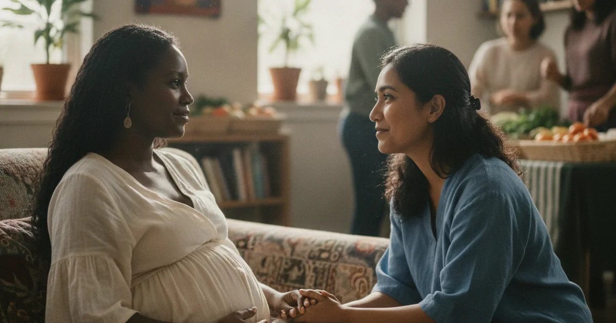 A Black pregnant woman in a calm clinical setting speaking warmly with her midwife during a prenatal visit