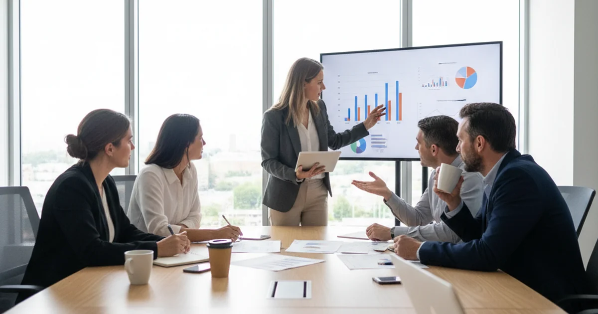 Business analysts collaborating on research insights in a modern conference room