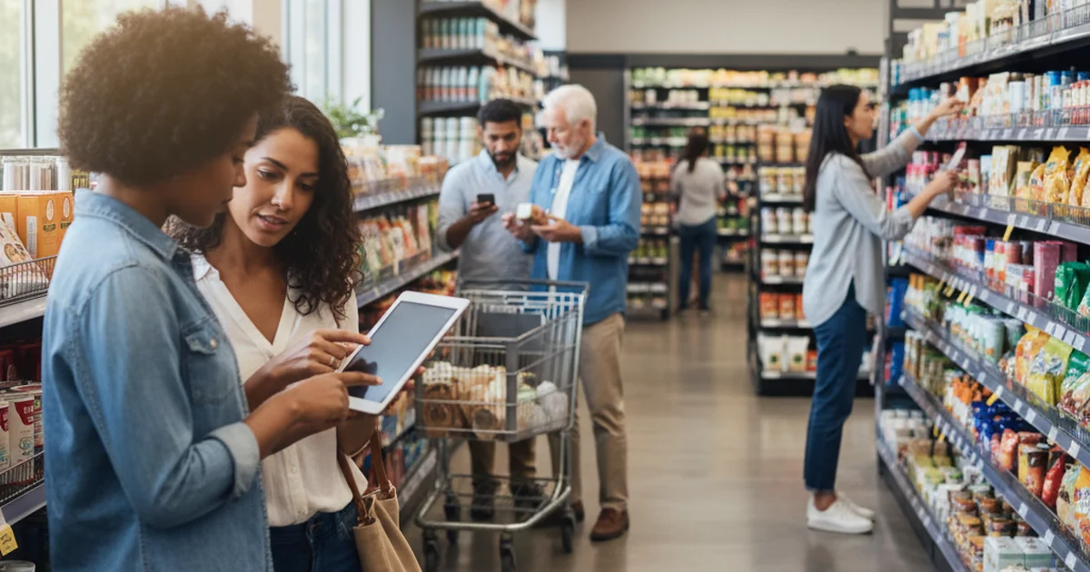 Diverse shoppers browsing products in a modern retail store with bright lighting and clean aisles