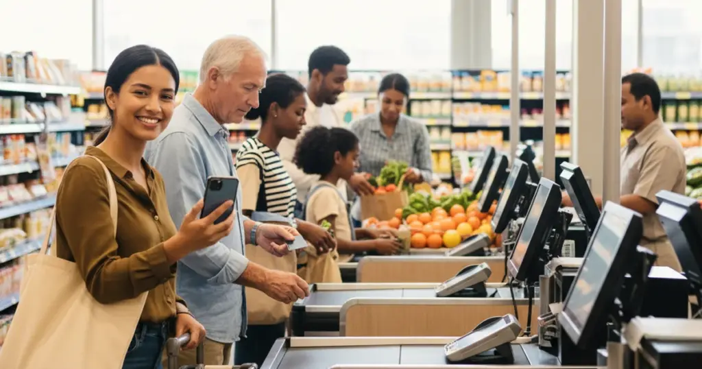 Diverse shoppers completing transactions at a modern grocery store checkout