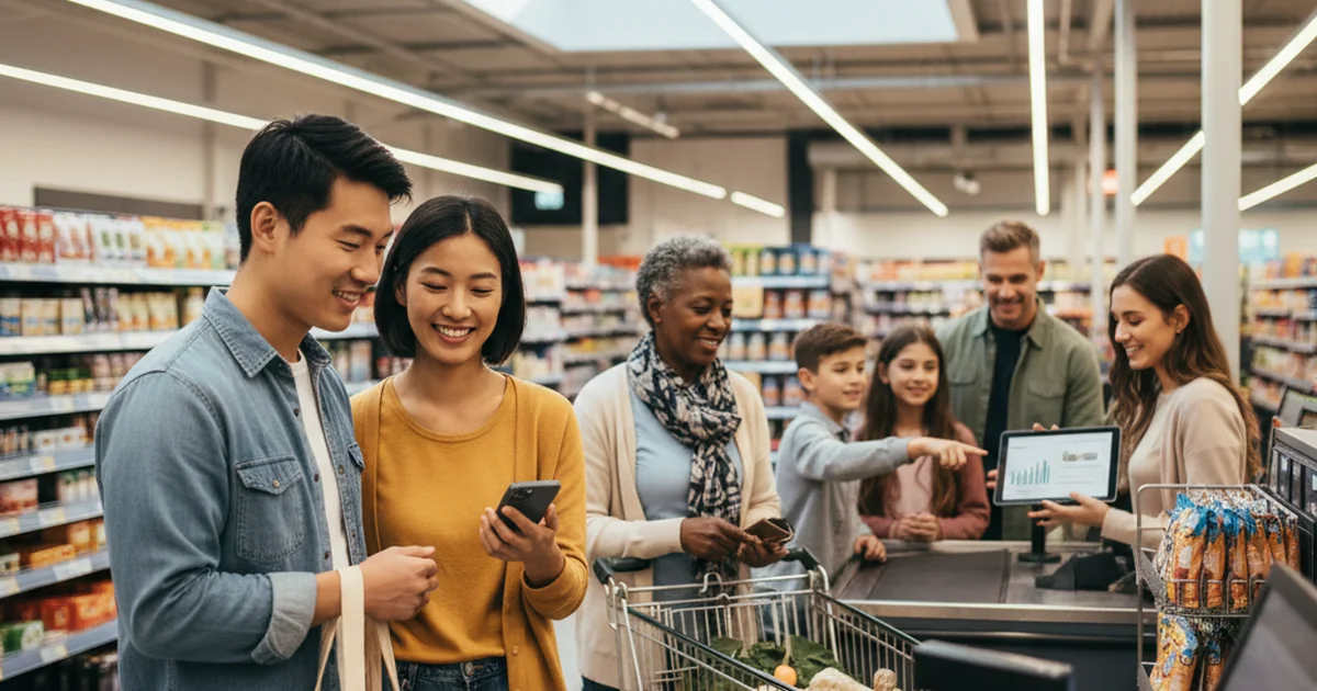 Diverse shoppers making purchases in a modern retail store with various checkout options