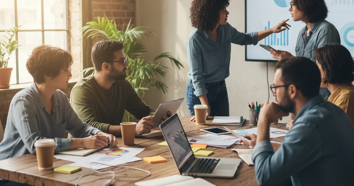 A diverse team of researchers collaborating and analyzing consumer insights in a modern workspace