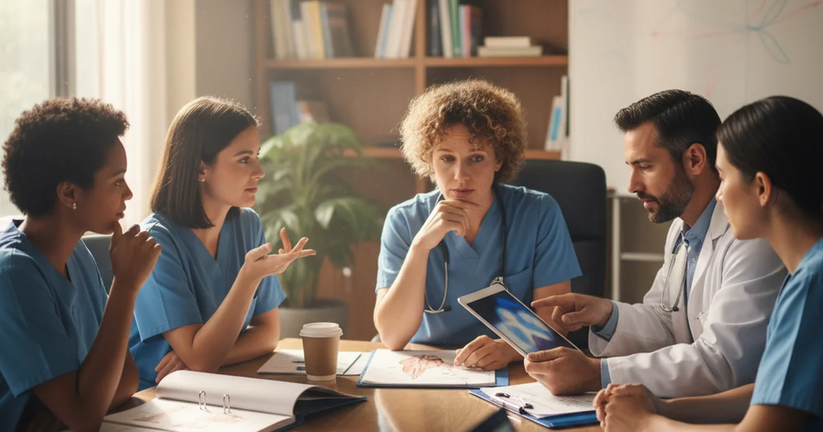 Healthcare professionals collaborating and discussing training materials around a conference table