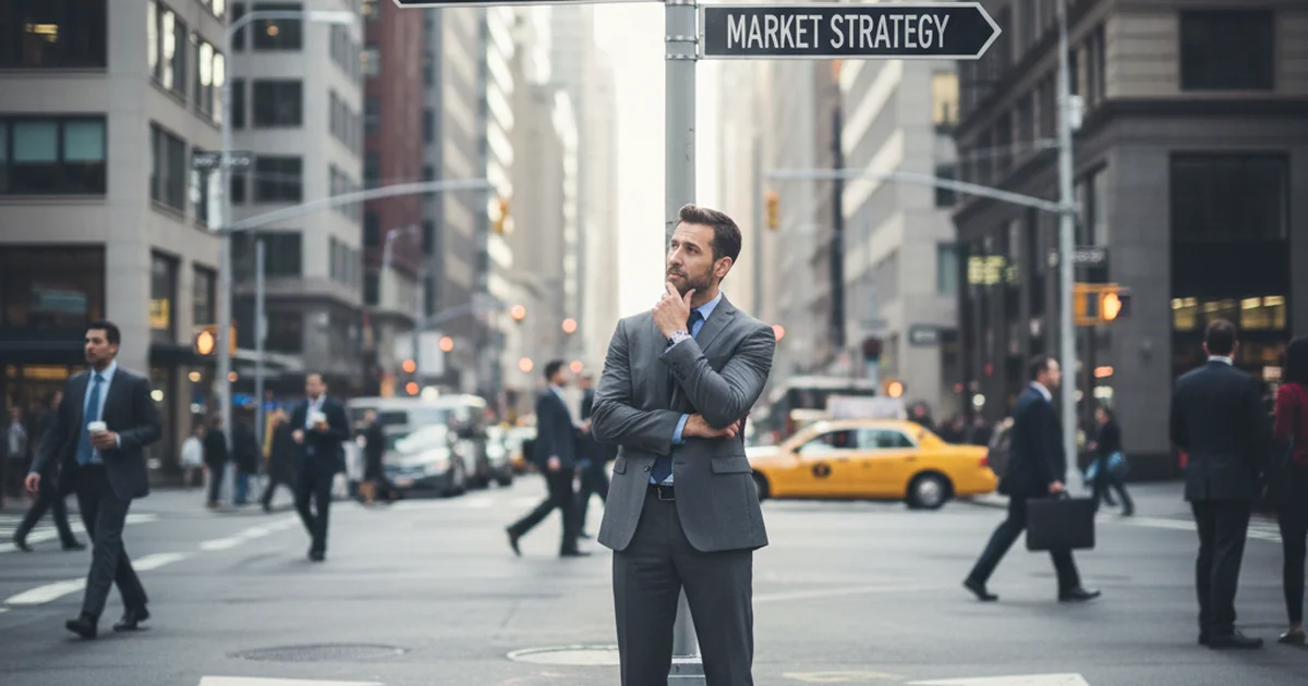 A professional contemplating different paths at an urban crossroads