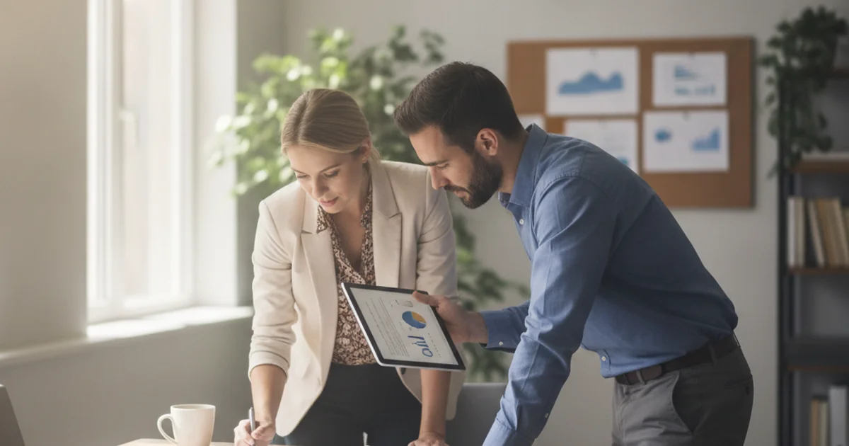 Two professionals collaborating over documents in a bright office space