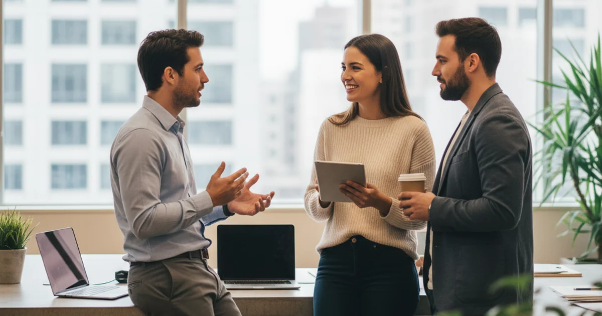 Young professionals engaged in conversation in a bright modern office
