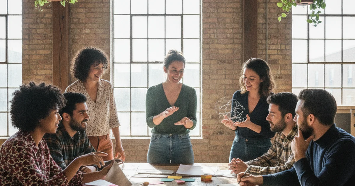 A diverse team of marketers and researchers collaborating around a table in a modern office.