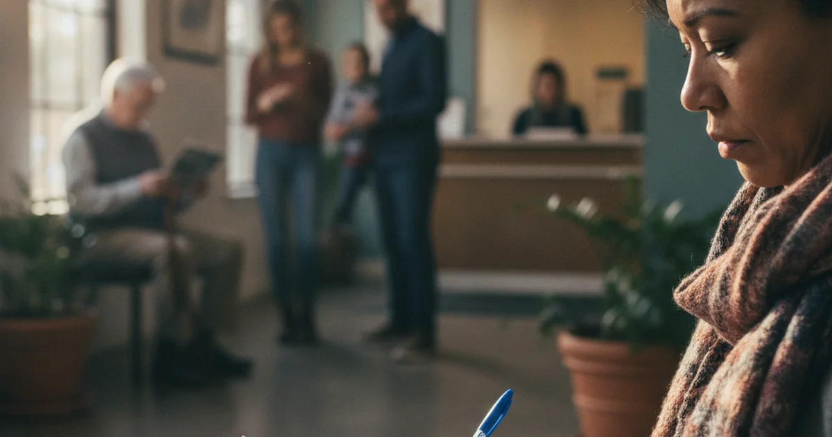 Hands filling out a healthcare intake form on a clipboard in a waiting area.