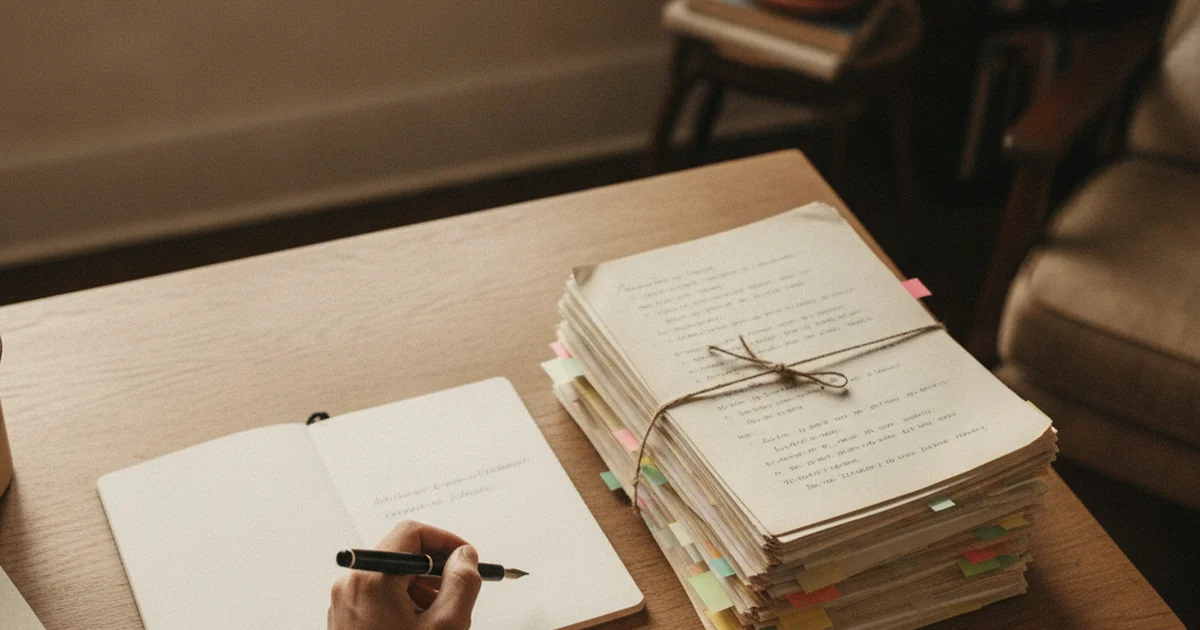 An open notebook, a pen, and a stack of research papers on a tidy desk.